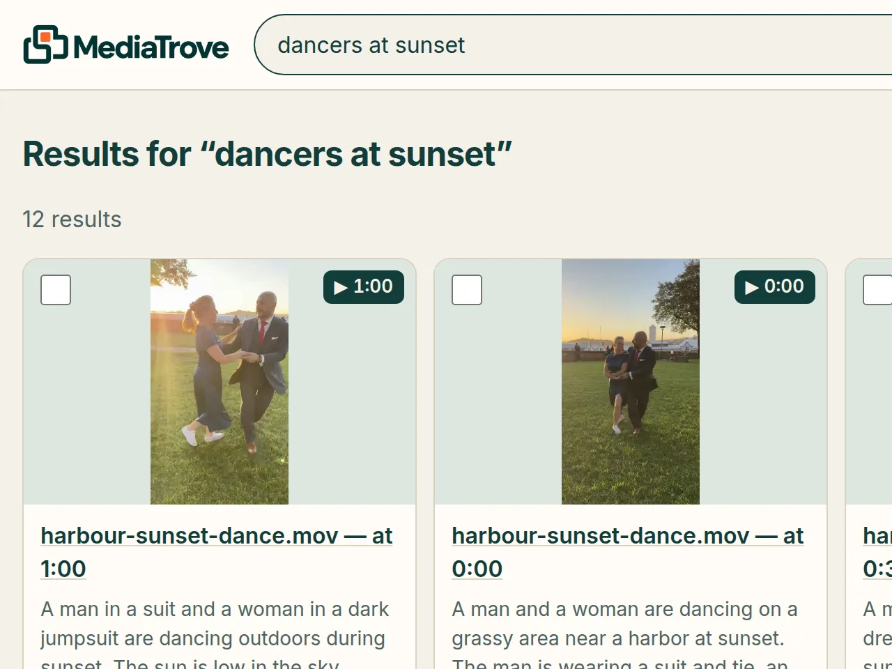 MediaTrove results for “dancers at sunset”: the video harbour-sunset-dance.mov, found at the 1:00 moment.